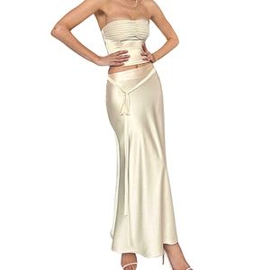 NWT Commense 2-Piece Ivory Glow Satin Corset Tube Top Maxi Skirt Set
